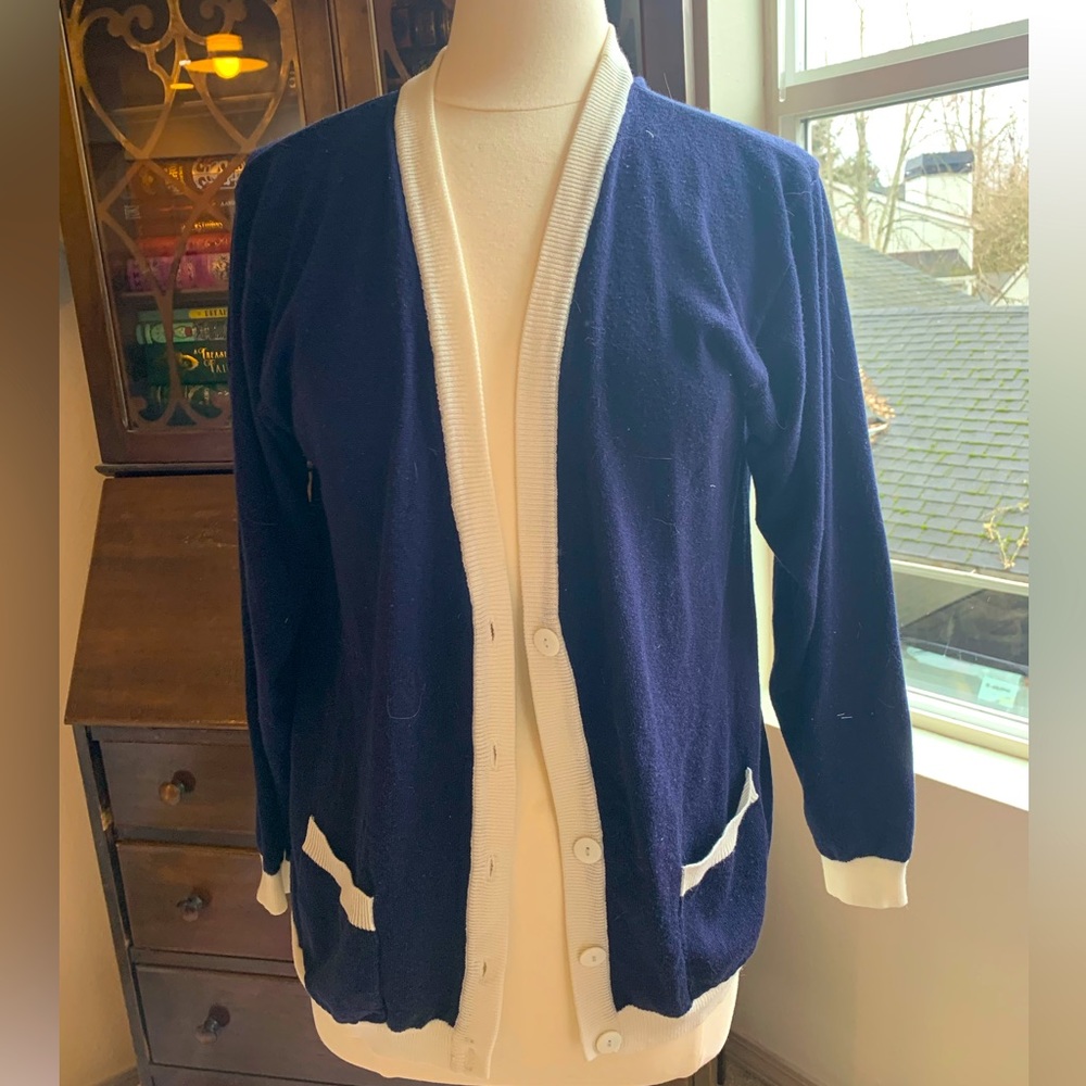 Navy blue and white cardigan